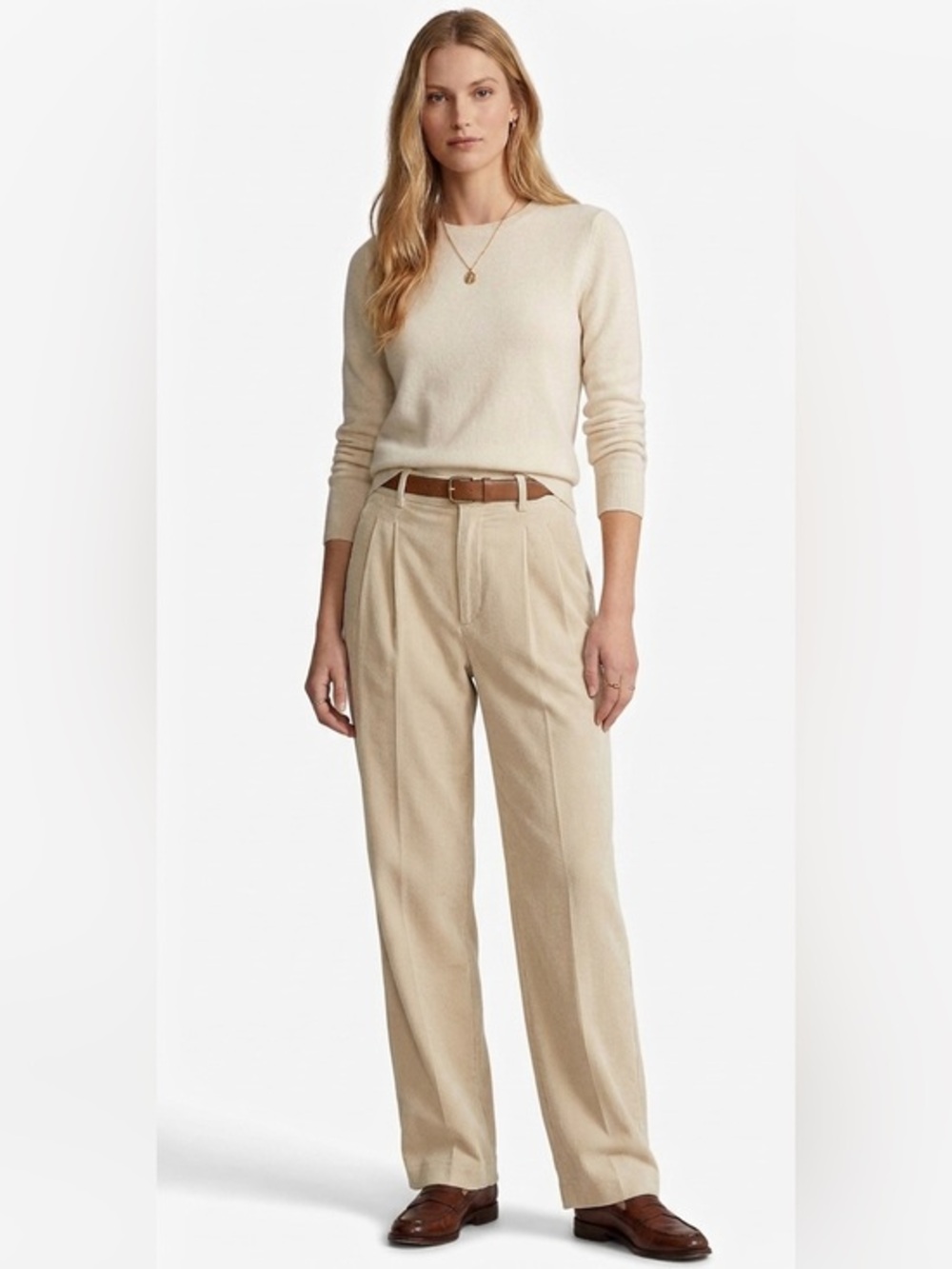 Beige Highrise Wide Leg Ribbed Pleats Pants Size Small